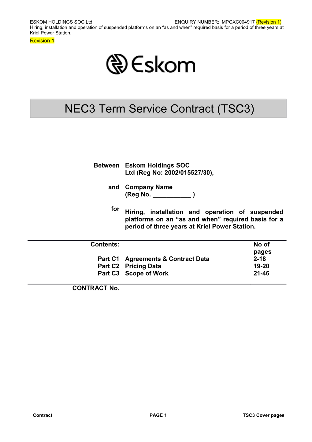 ESKOM HOLDINGS SOC Ltd ENQUIRY NUMBER: MPGXC004917 (Revision 1)