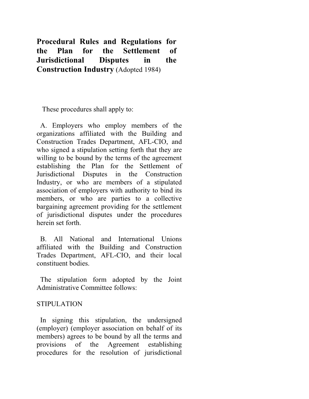 Procedural Rules and Regulations for the Plan for the Settlement of Jurisdictional Disputes