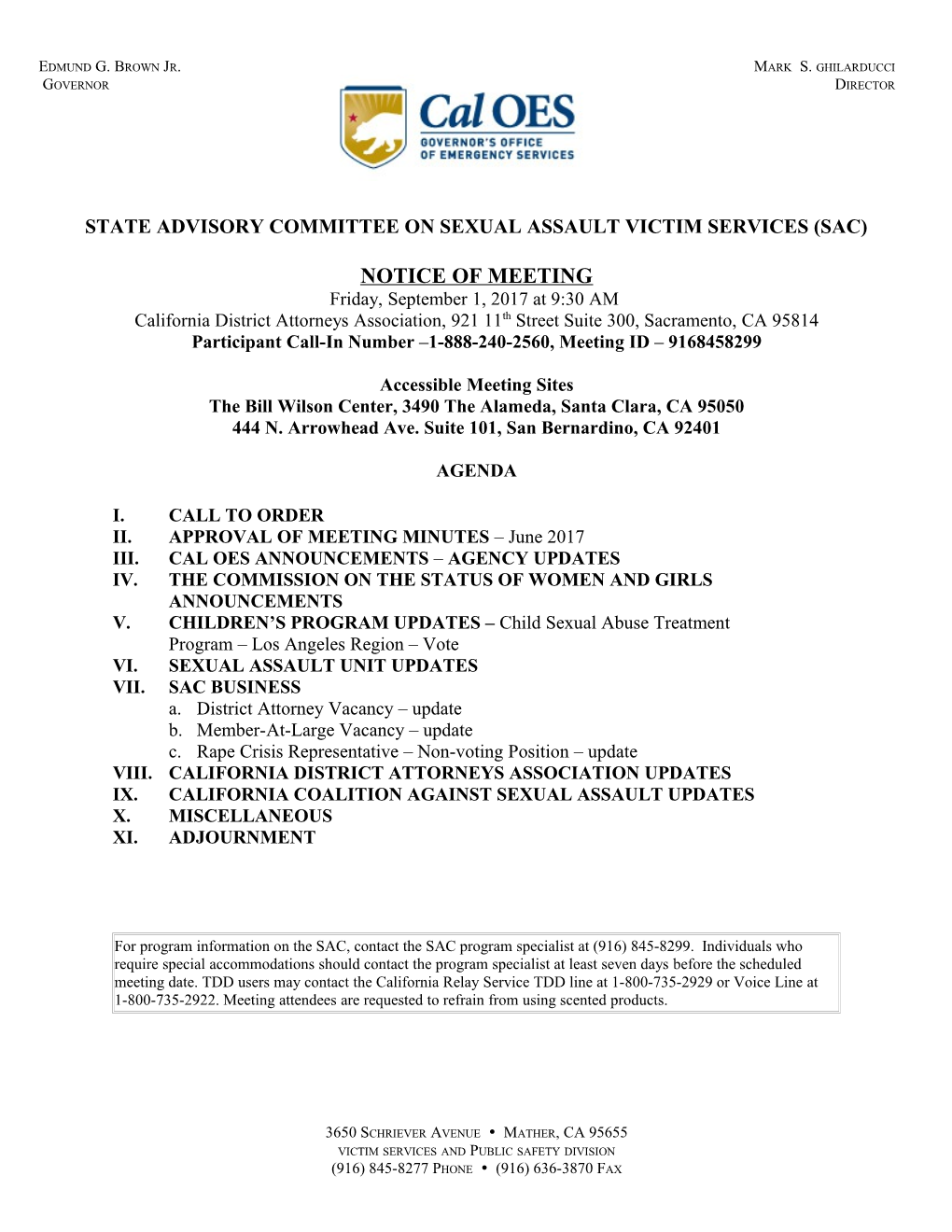 State Advisory Committee on Sexual Assault Victim Services (SAC) Notice of Meeting - September