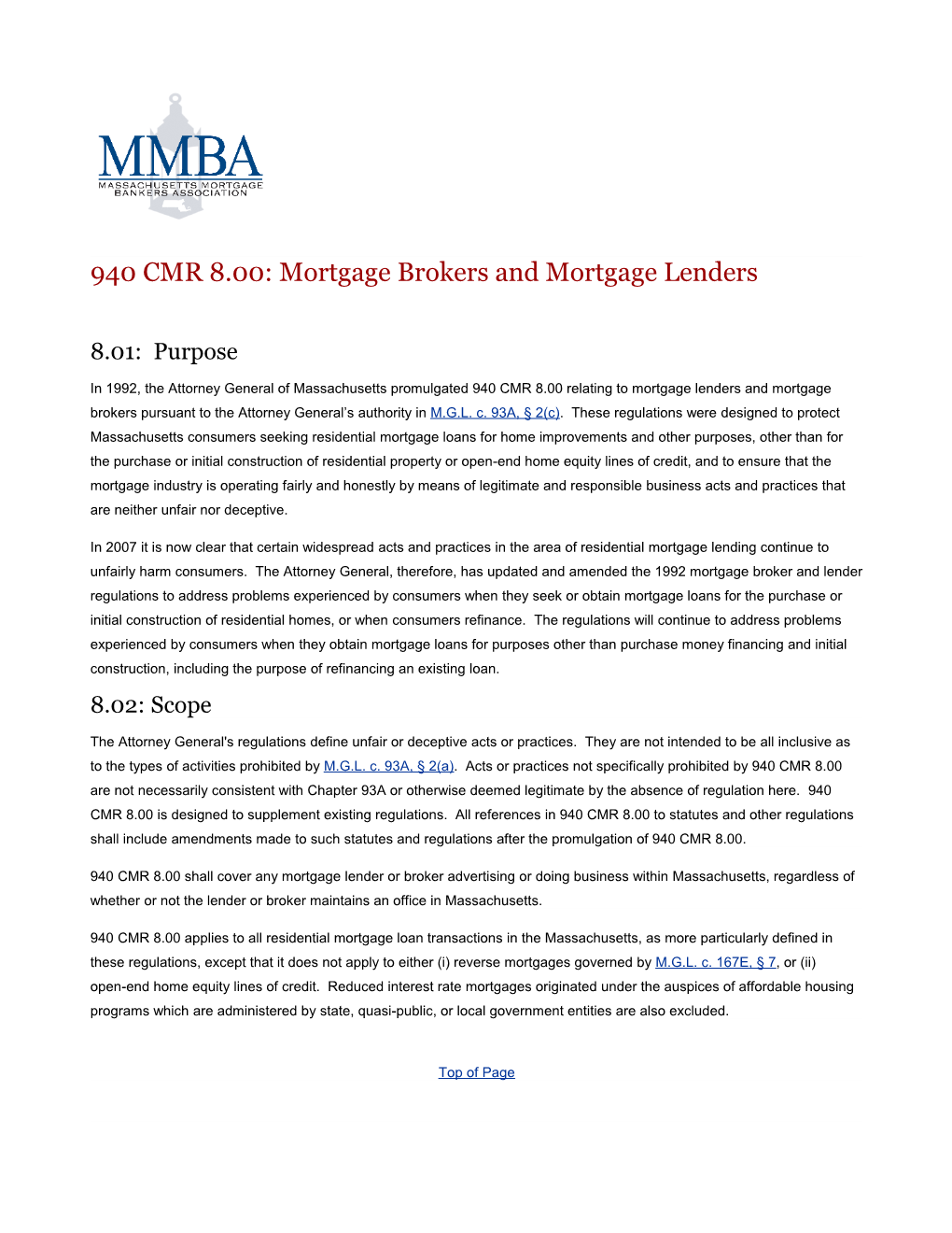 940 CMR 8.00: Mortgage Brokers and Mortgage Lenders