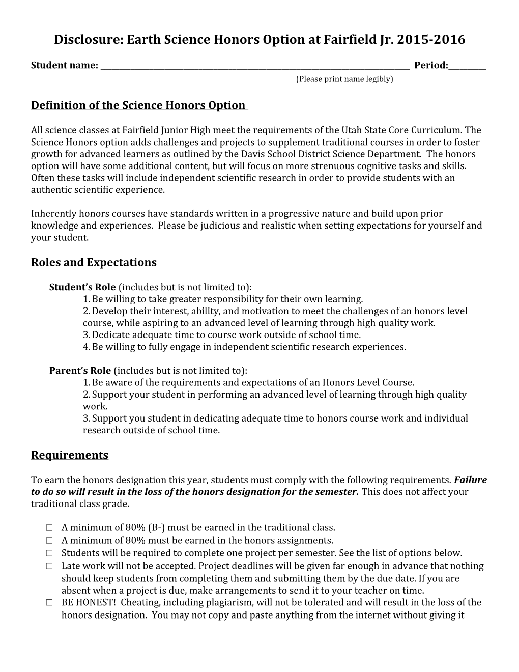 Disclosure: Earth Science Honors Option at Fairfield Jr. 2015-2016