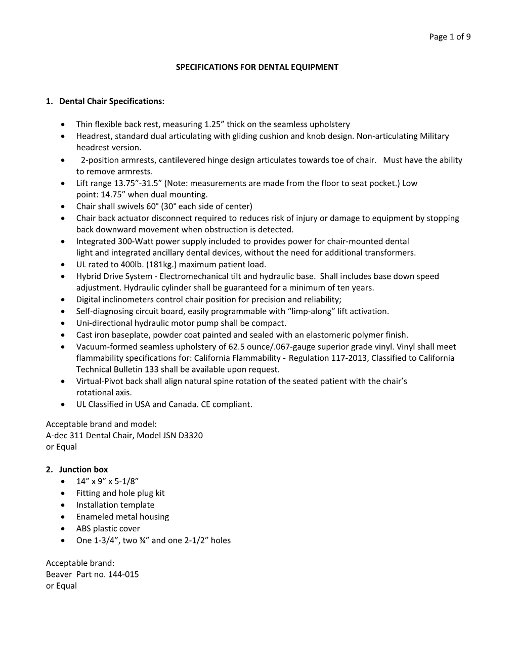 Specifications for Dental Equipment