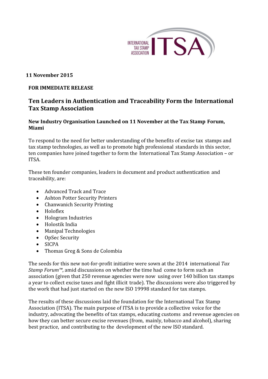ITSA Press Release Rev
