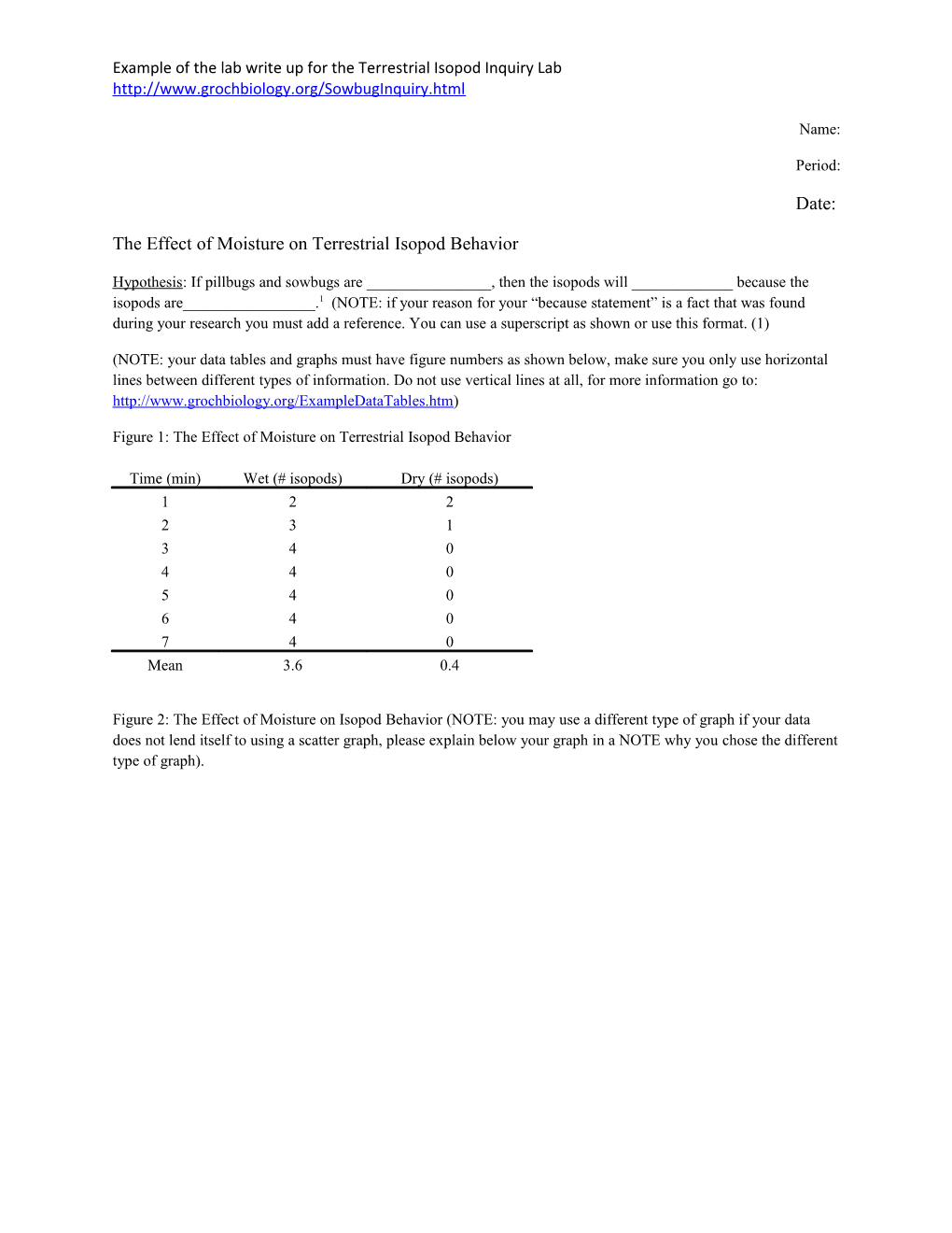 Example of the Lab Write up for the Terrestrial Isopod Inquiry Lab