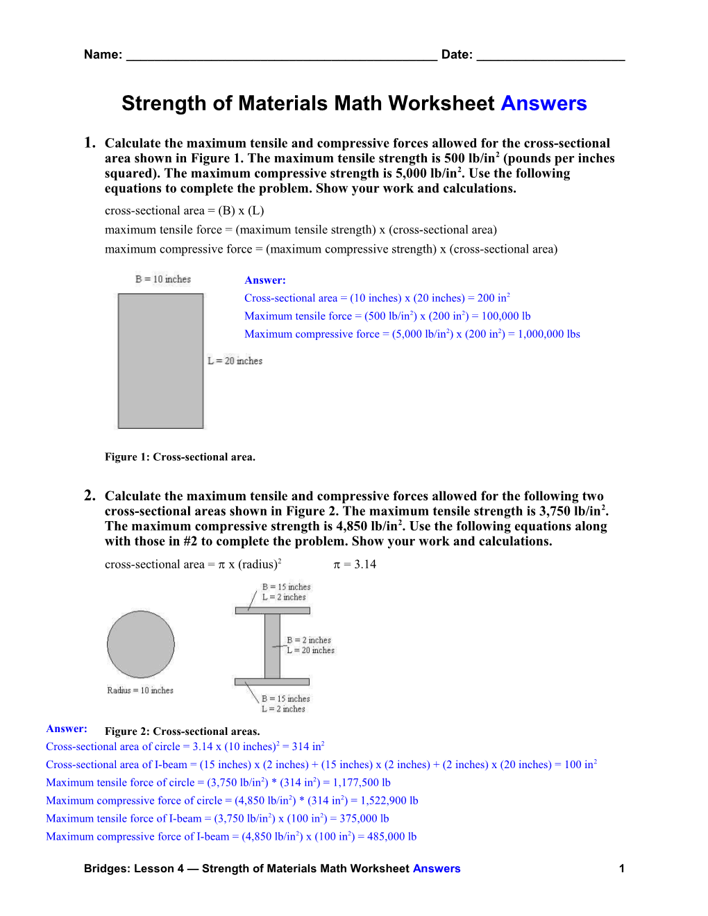 Strength of Materials Math Worksheet Answers