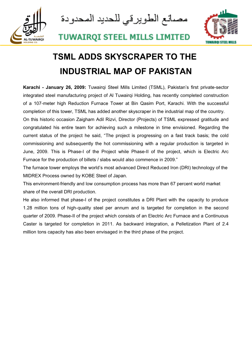 TSML Adds Skyscraper in the Industrial Map of Pakistan