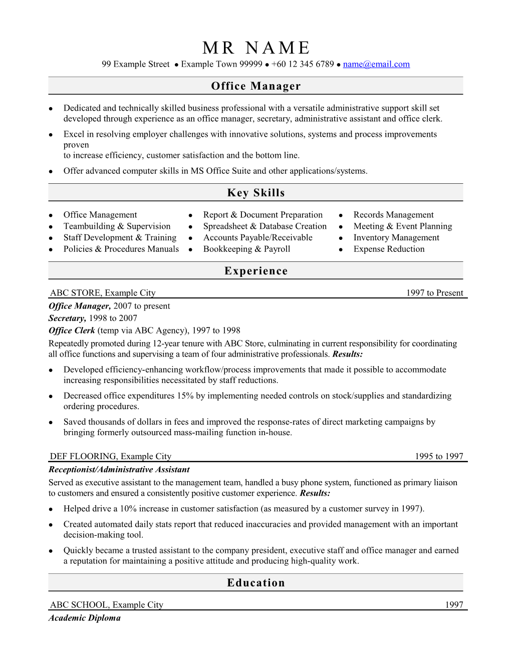 Sample Resume For An Office Manager