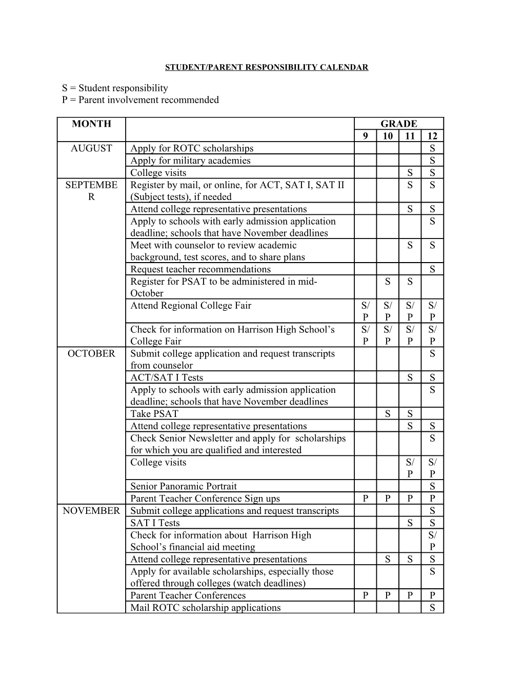 Student/Parent Responsibility Calendar