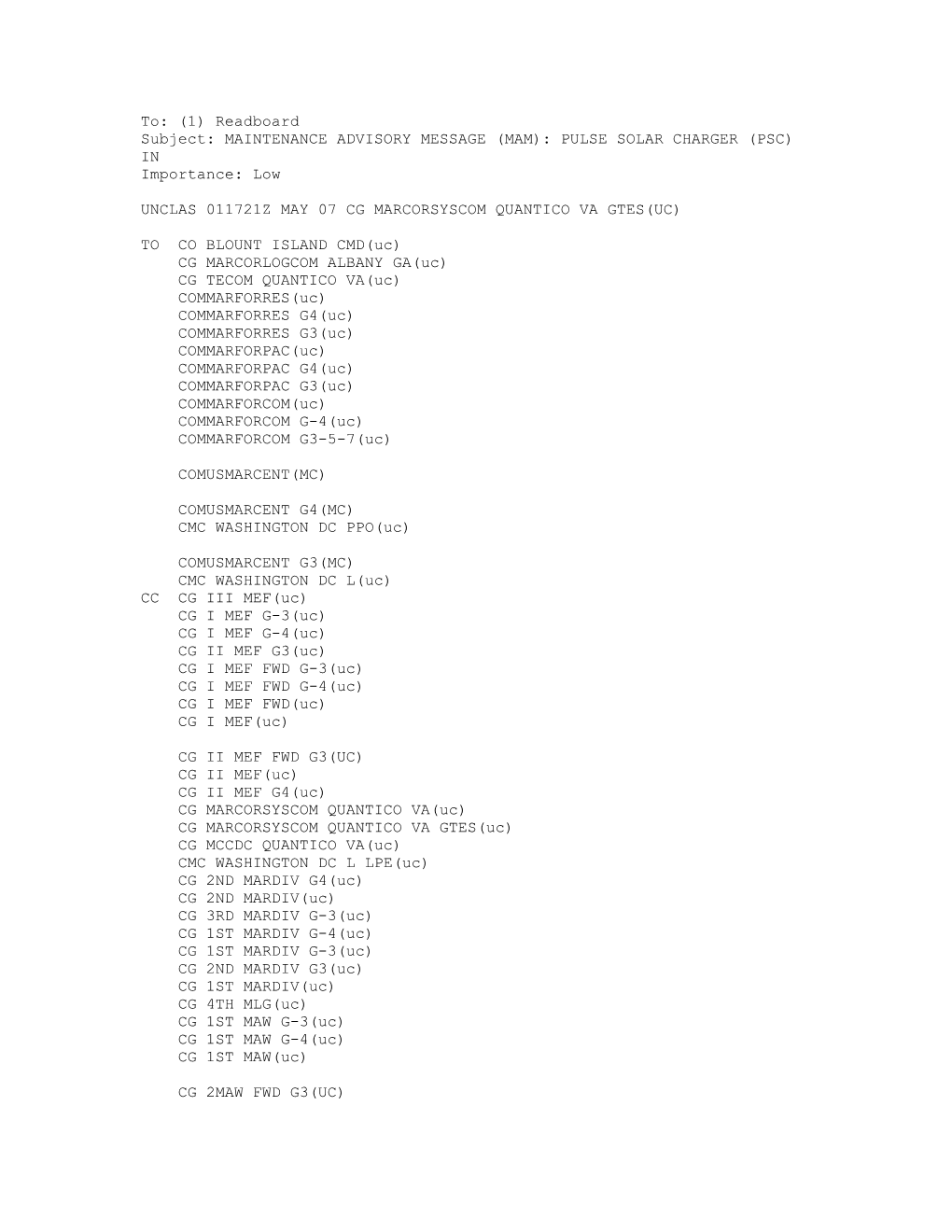 Subject: MAINTENANCE ADVISORY MESSAGE (MAM): PULSE SOLAR CHARGER (PSC) IN