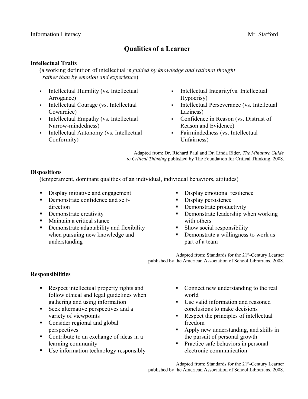 Qualities of a Learner Handout