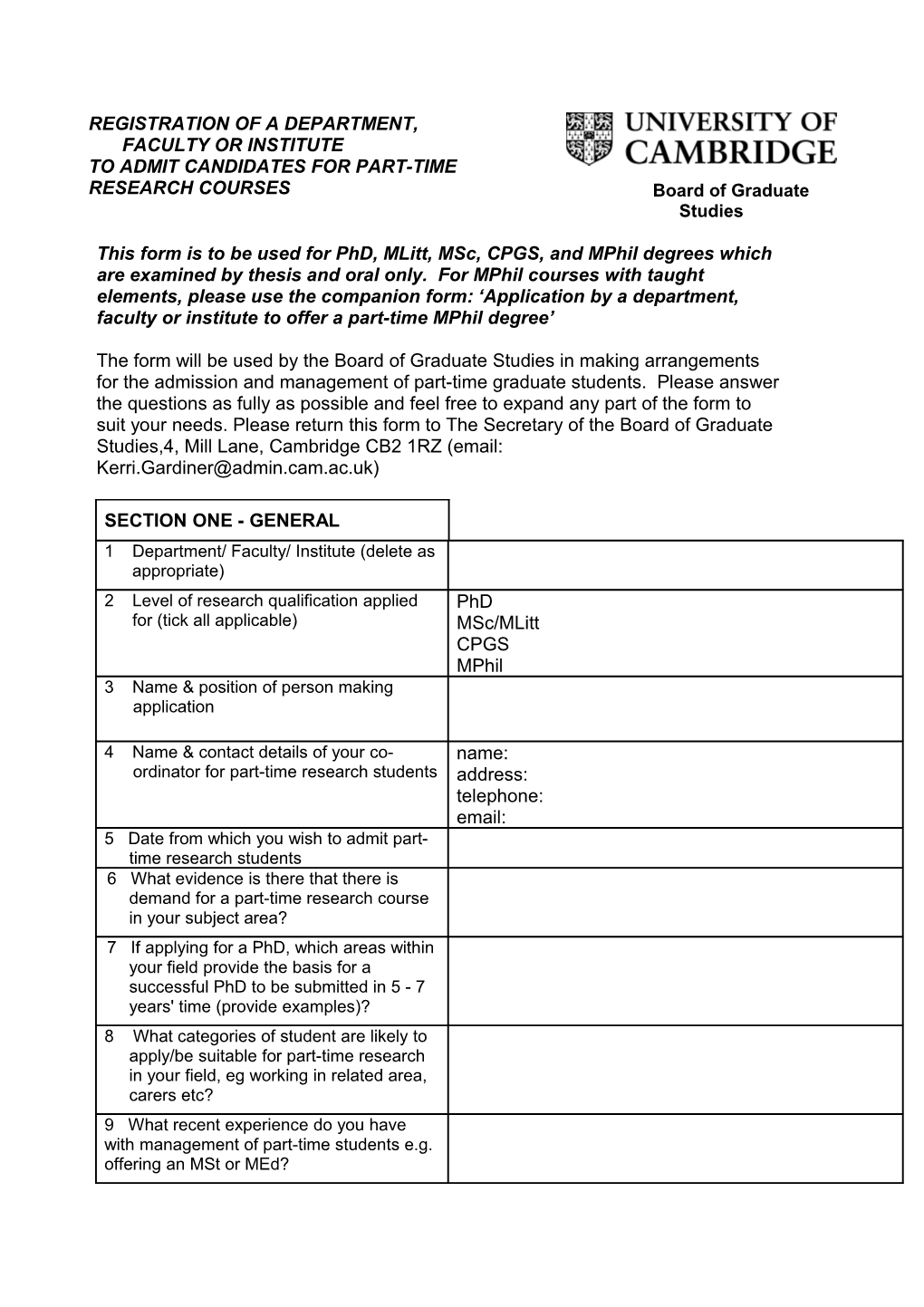 Registration of a Department, Faculty Or Institute