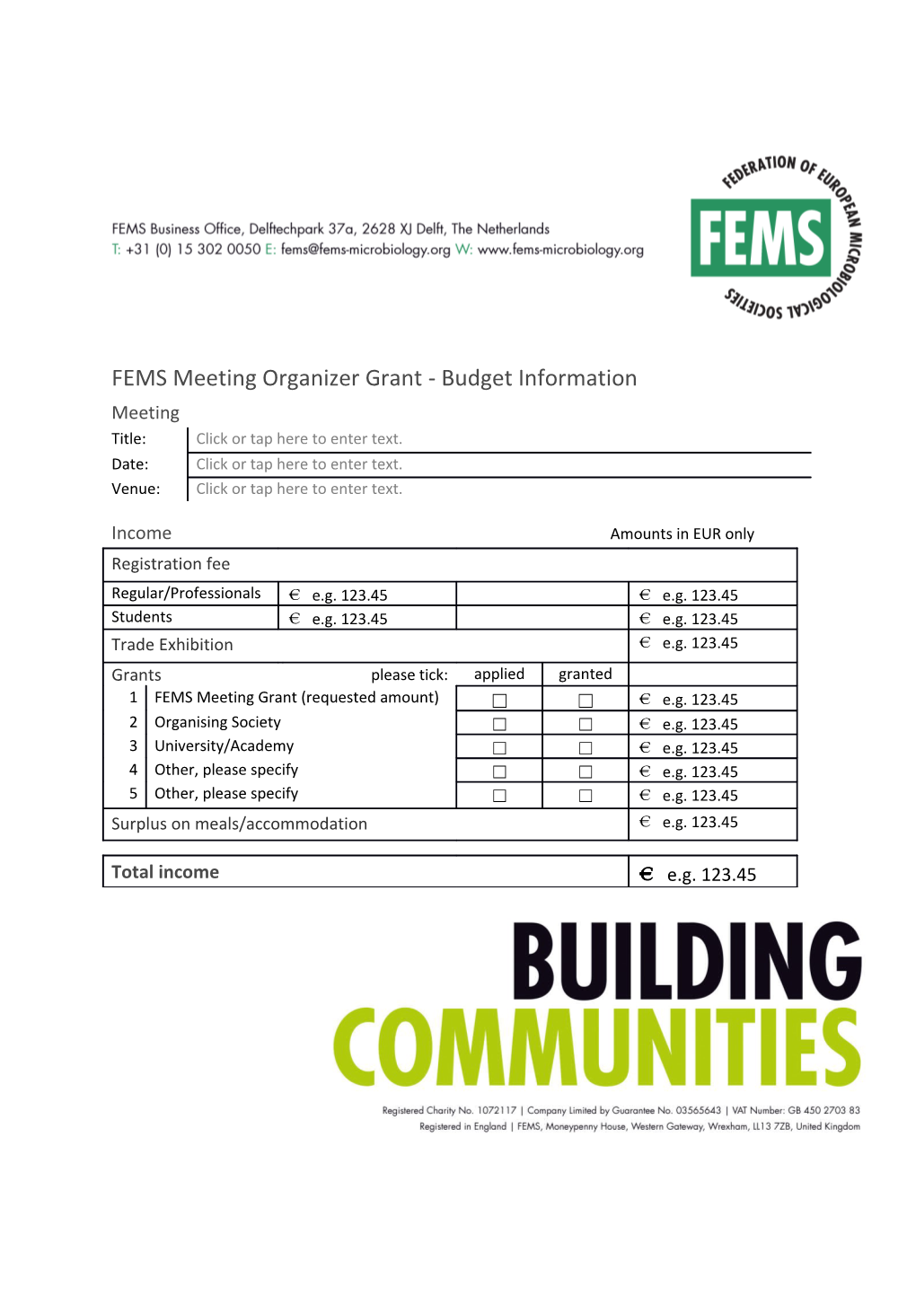 FEMS Meeting Organizer Grant - Budget Information