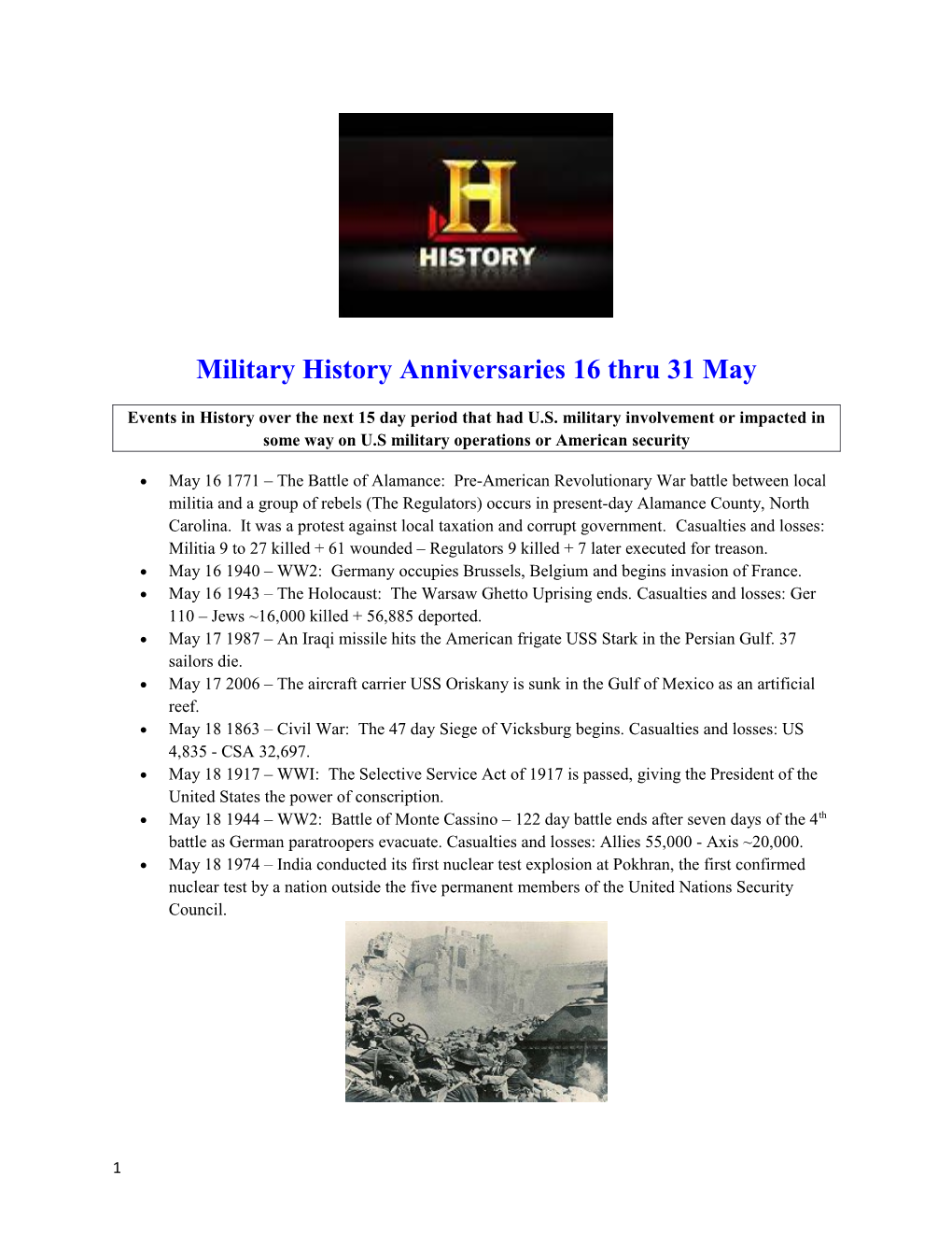 Military History Anniversaries16thru 31May