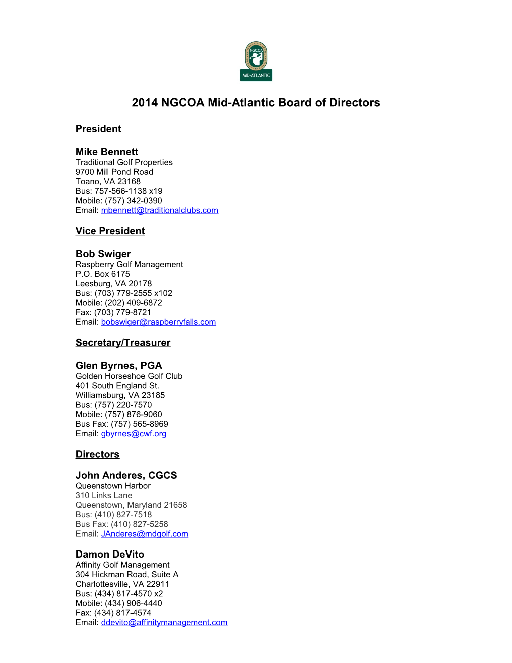 2014 NGCOA Mid-Atlantic Board of Directors