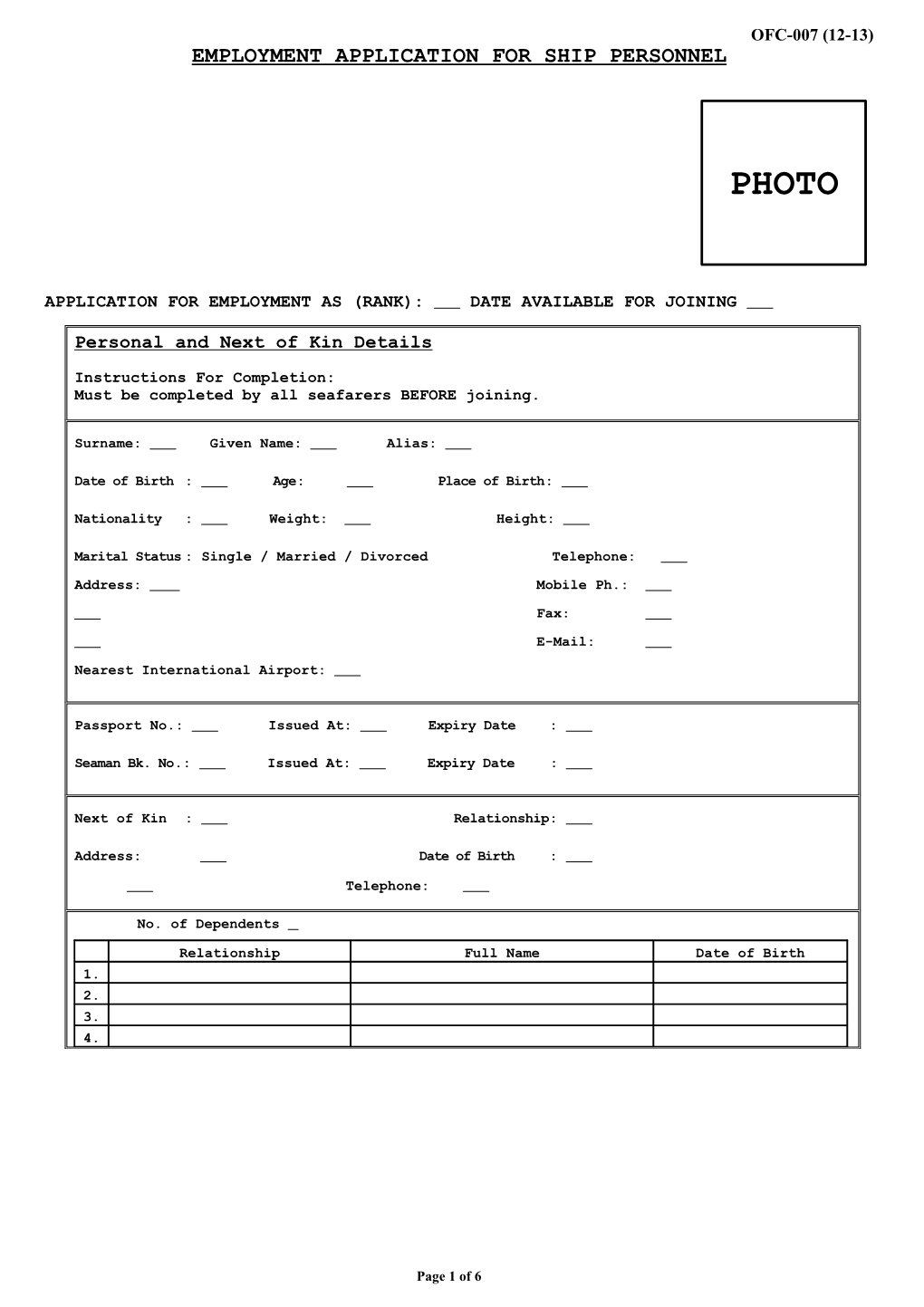 Employment Application for Ship Personnel