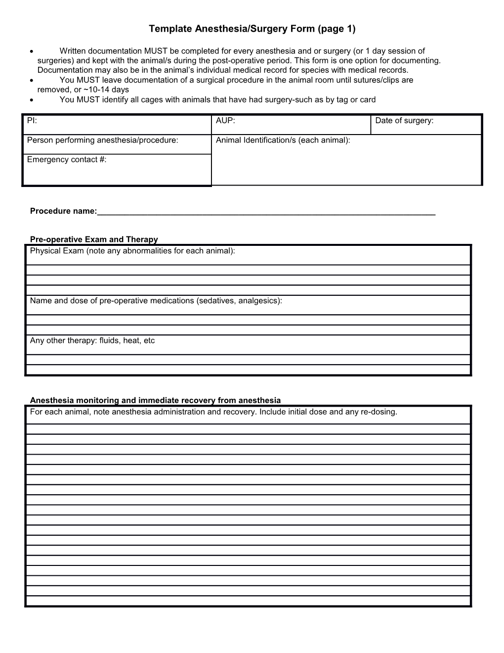Template Anesthesia/Surgery Form (Page 1)