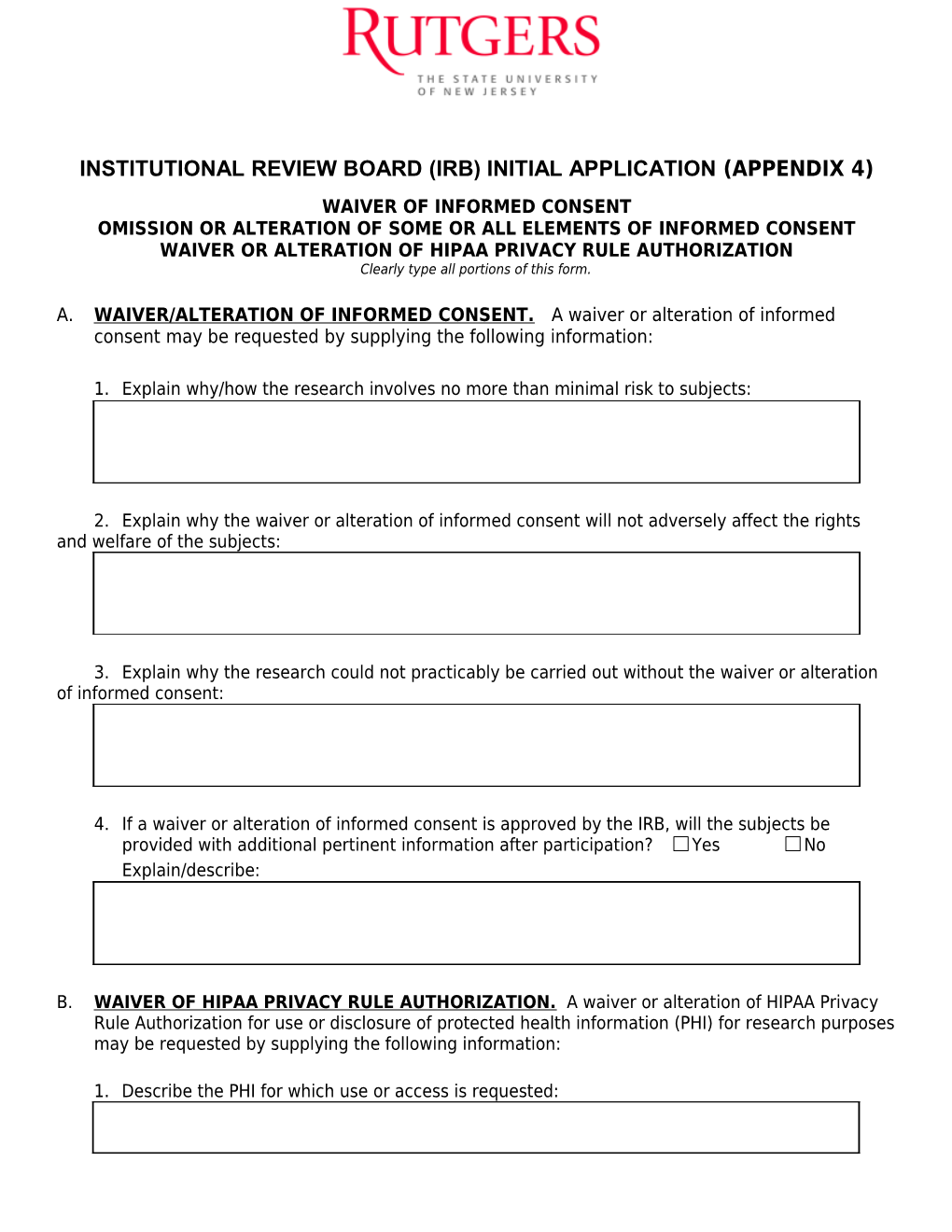 Institutional Review Board (Irb) Initial Application (Appendix 4)