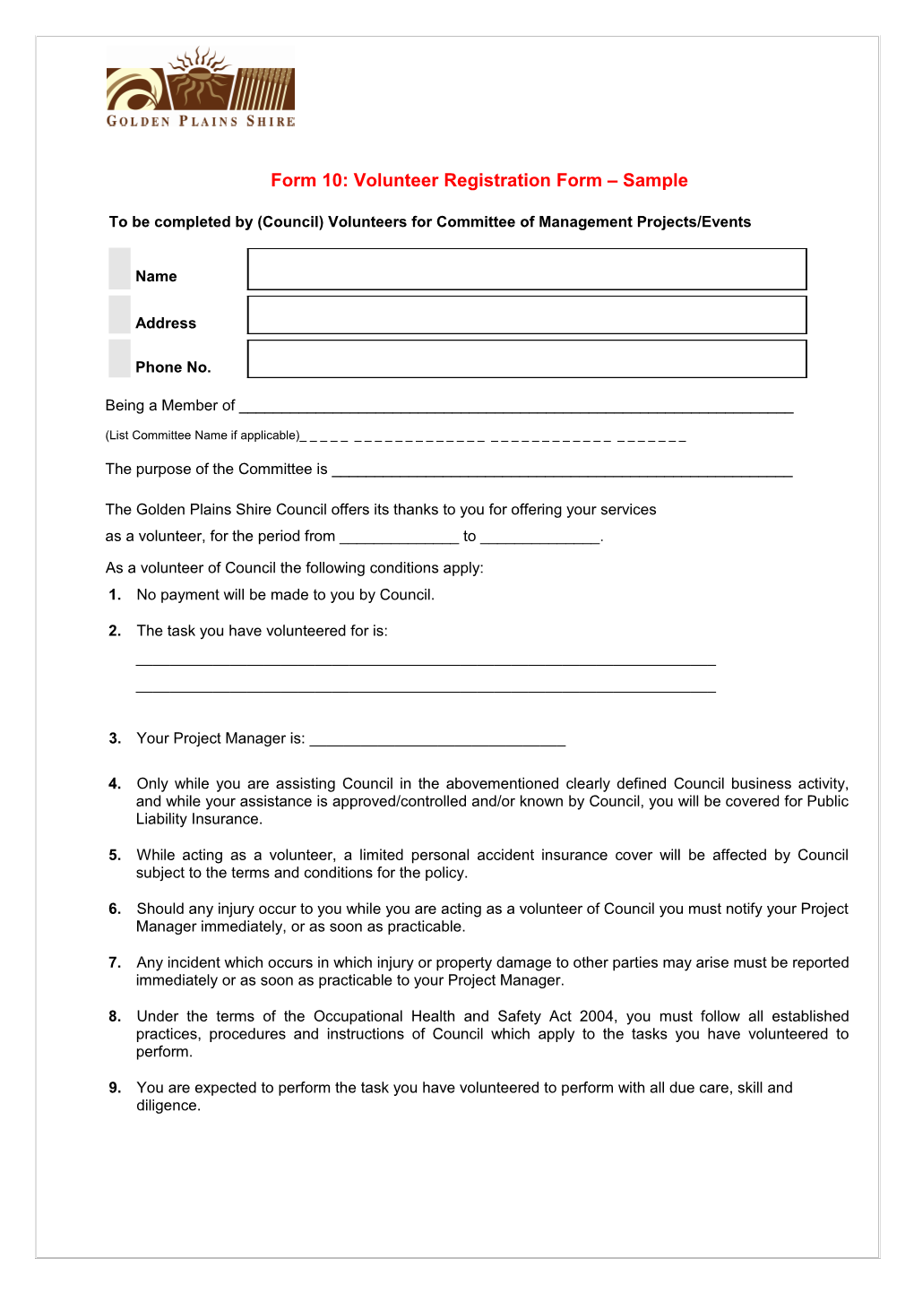 Form 10: Volunteer Registration Form Sample