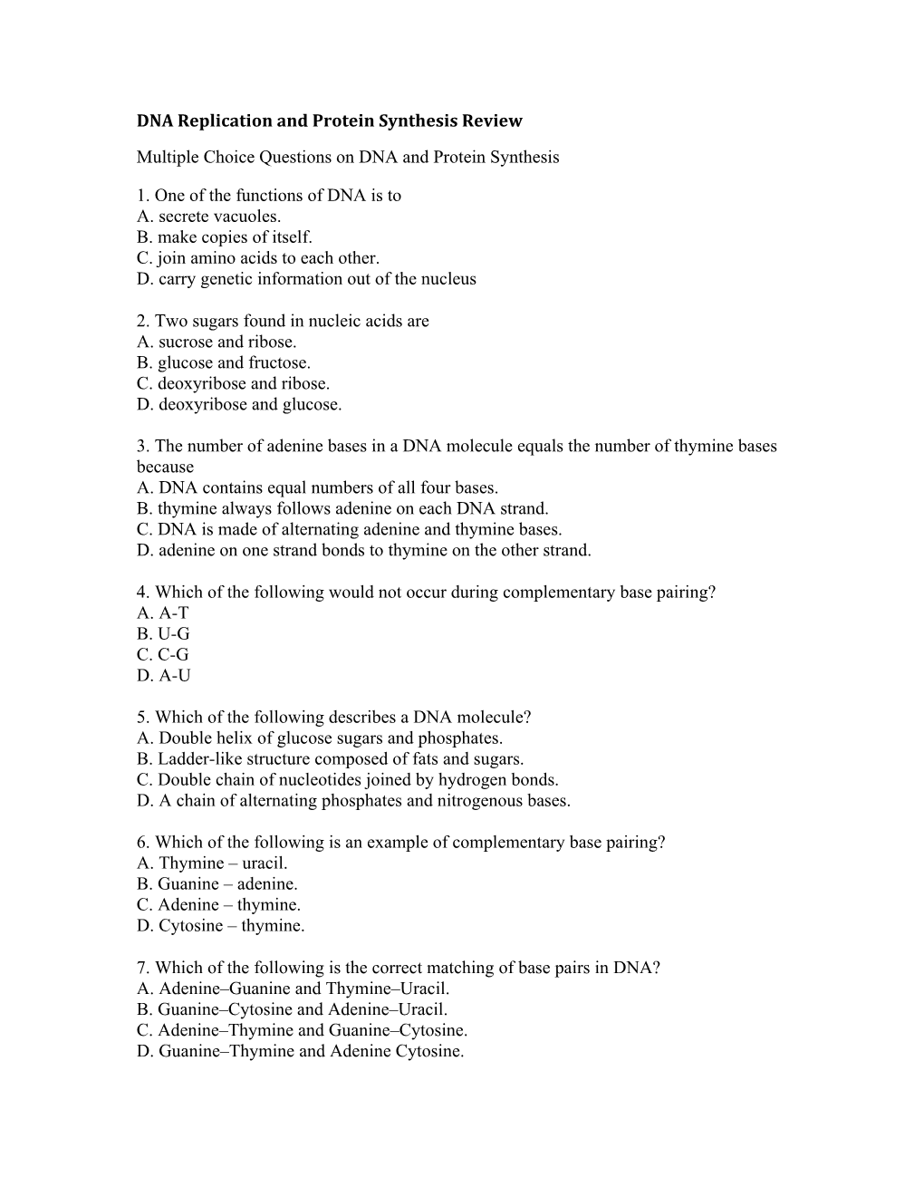 DNA Replication and Protein Synthesis Review