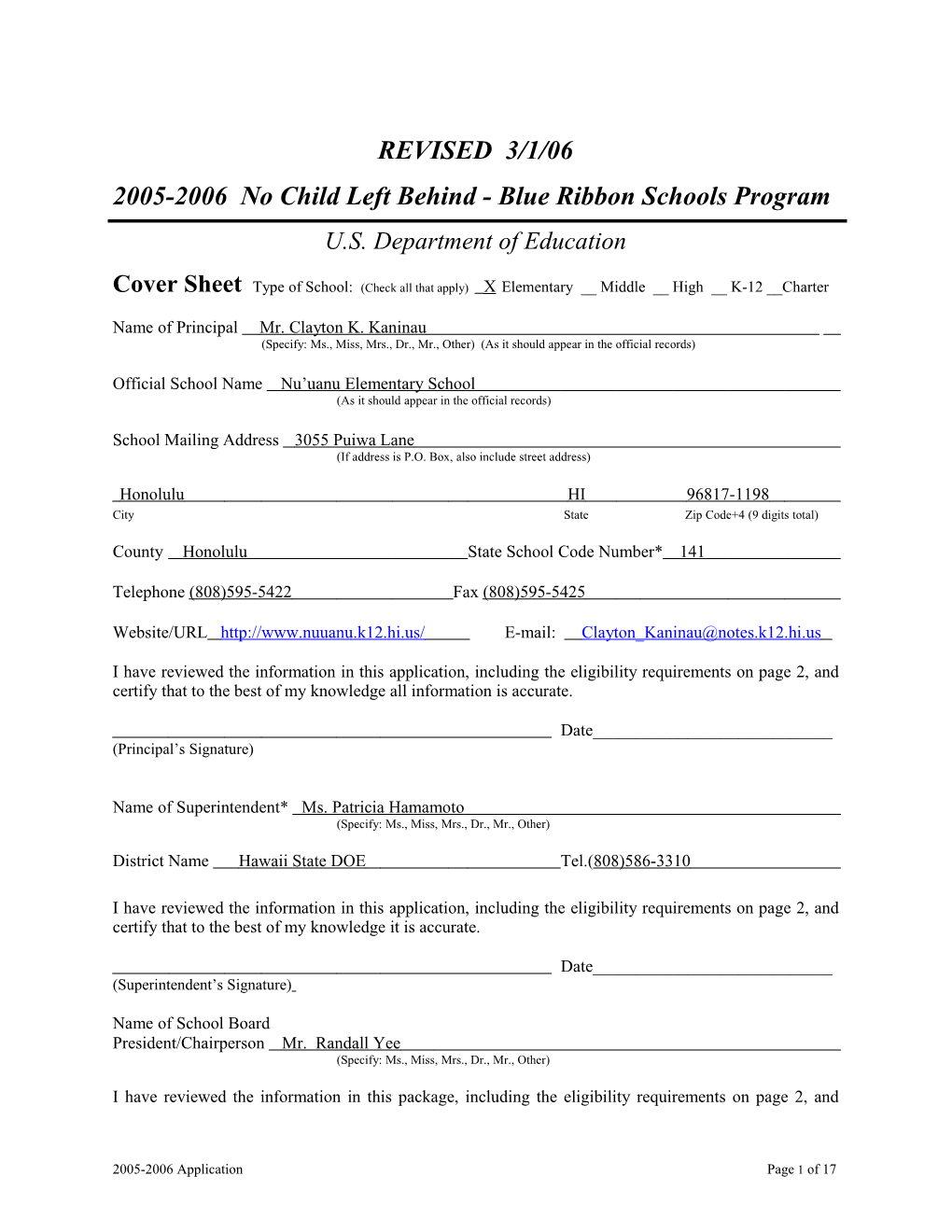 Application: 2005-2006, No Child Left Behind - Blue Ribbon Schools Program (Msword)
