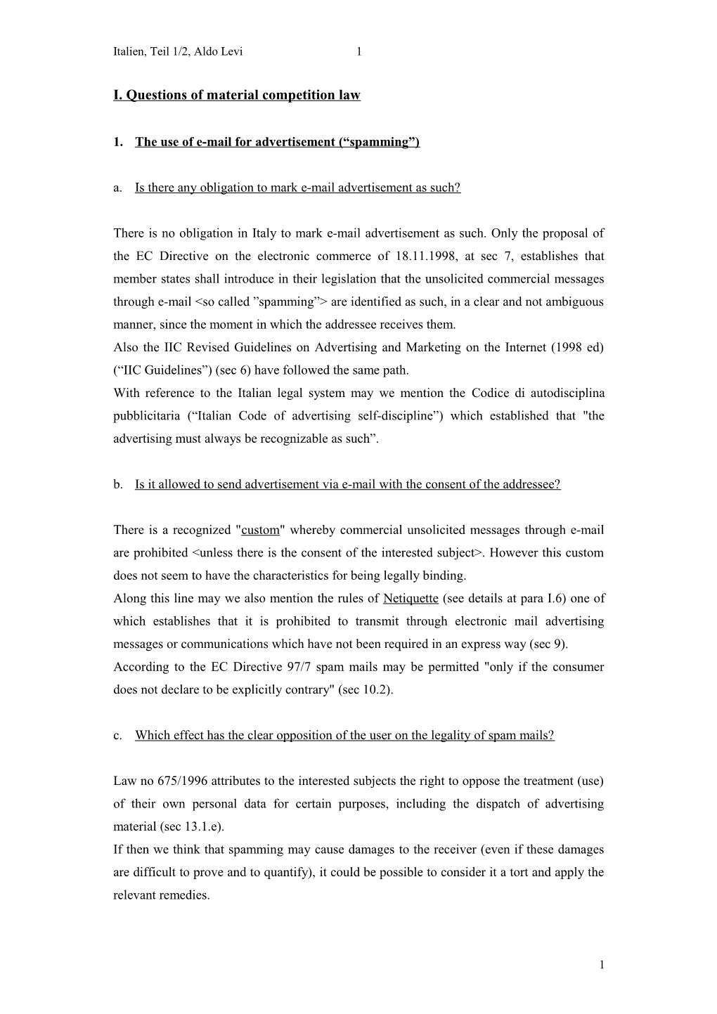 I. Questions of Material Competition Law