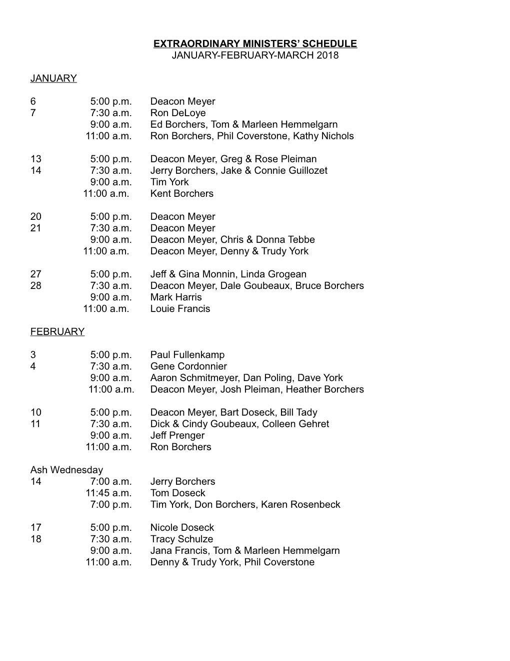 Extraordinary Ministers Schedule