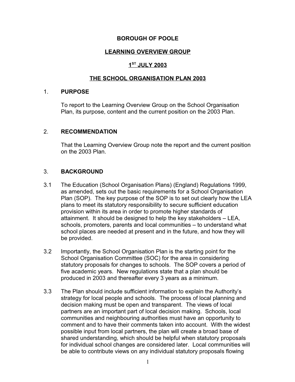 The School Organisation Plan 2003