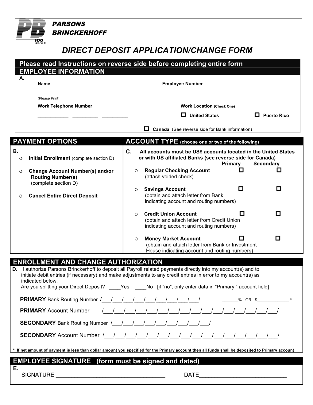 Direct Deposit Application/Change Form