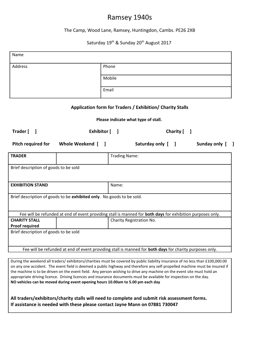Application Form for Traders / Exhibition/ Charity Stalls