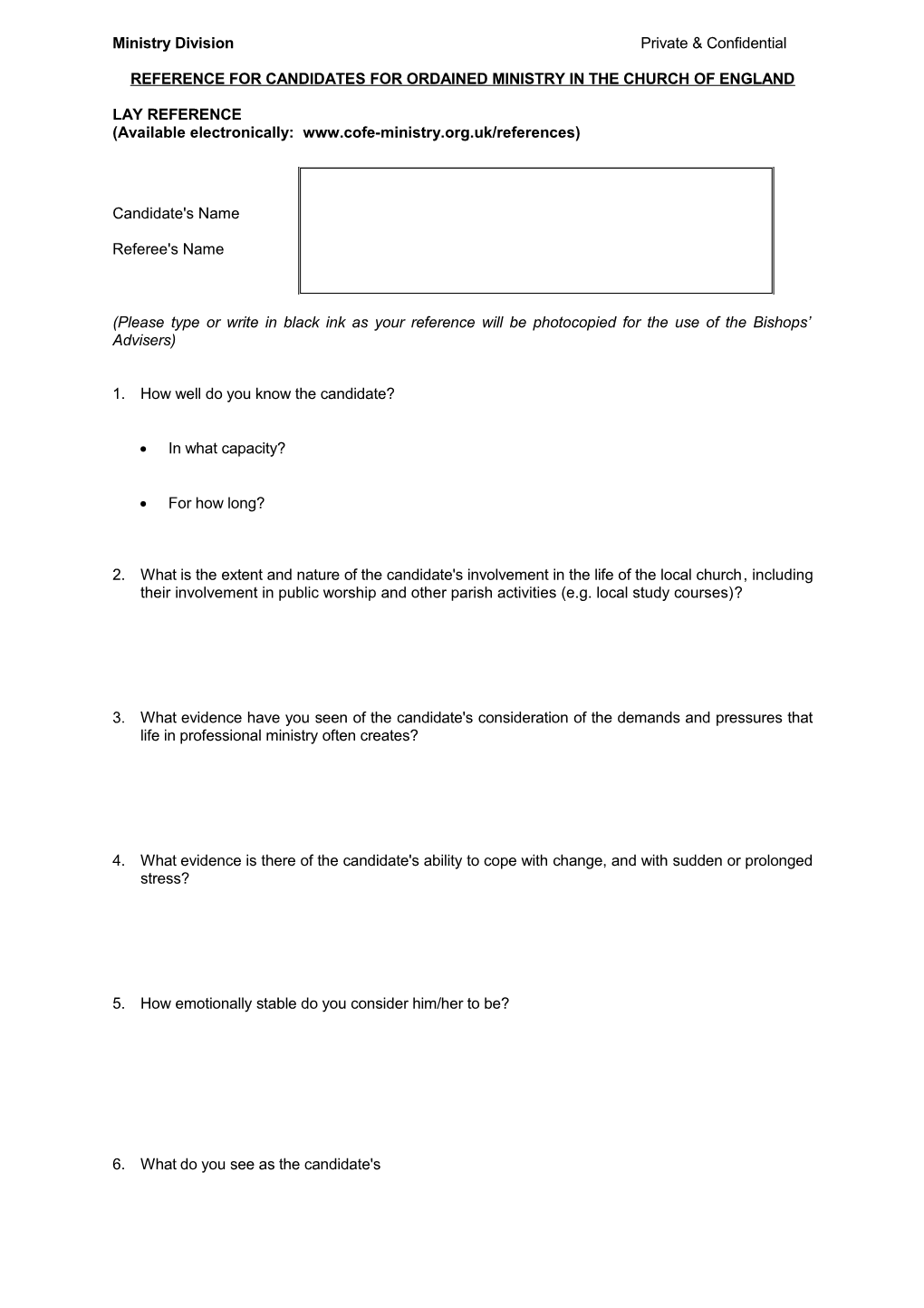 Reference for Candidates for Ordained and Professional Lay Ministry