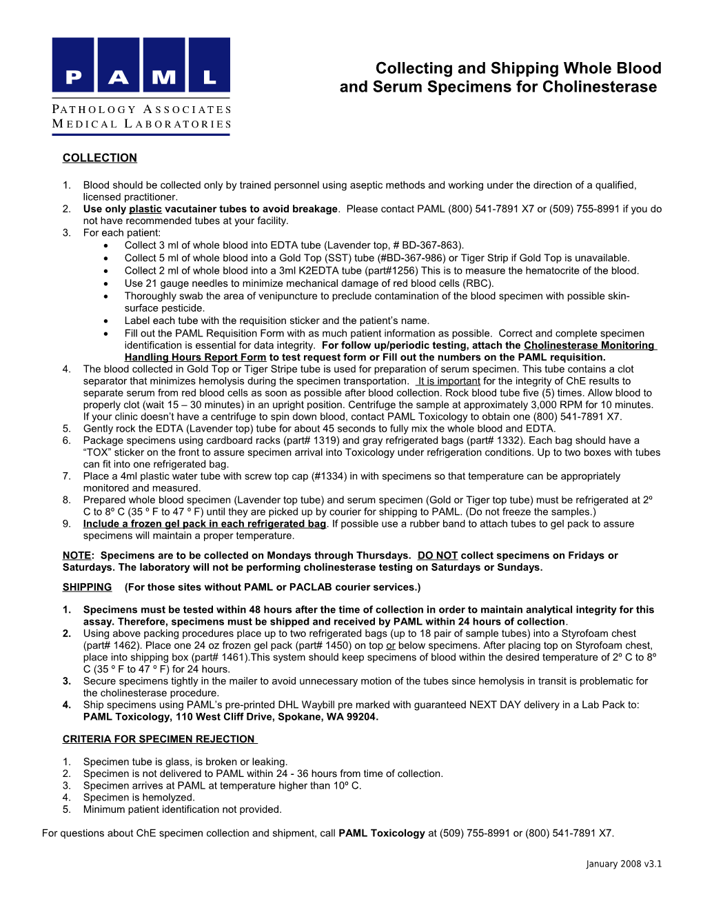 Instructions for Collecting and Shipping Whole Blood and Serum Specimens