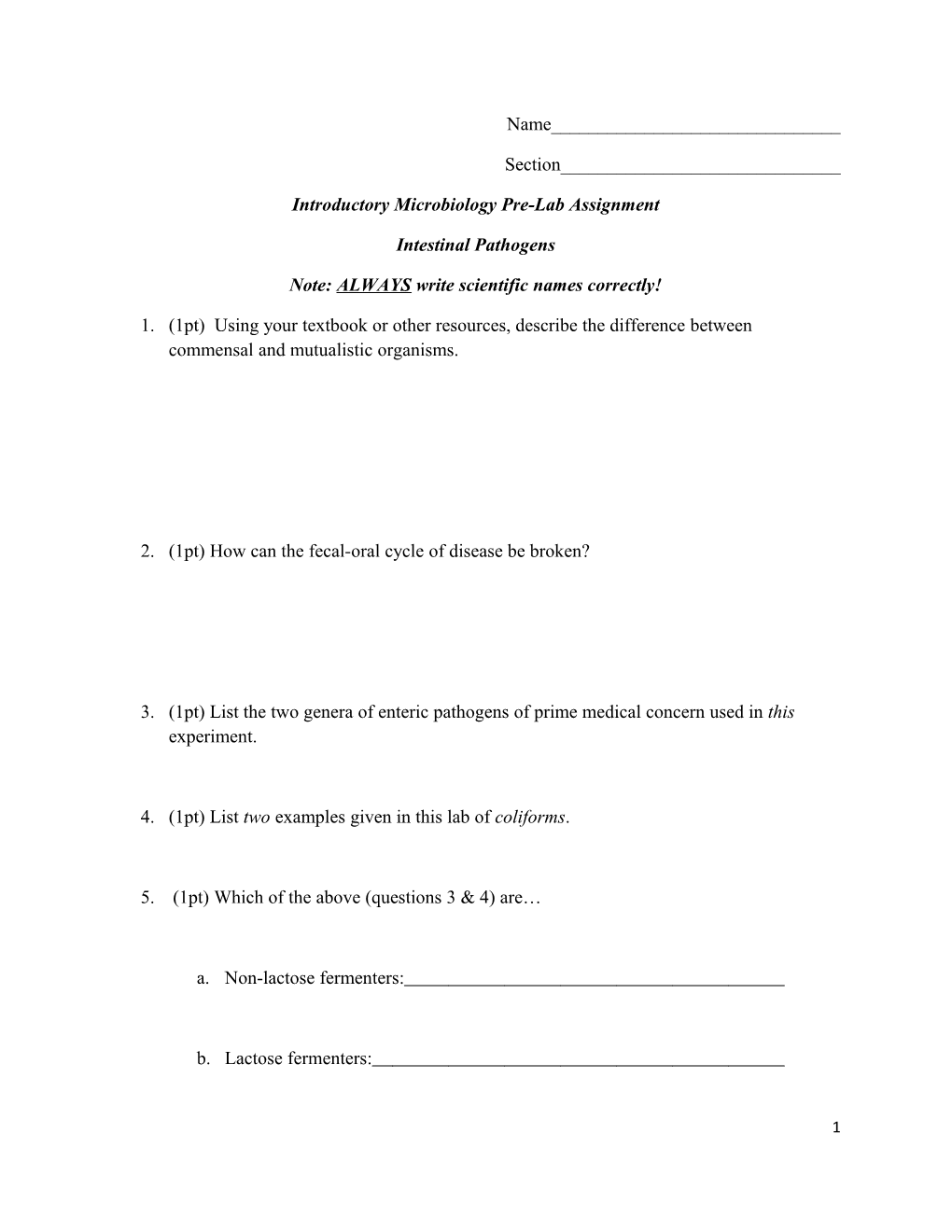 Introductory Microbiology Pre-Lab Assignment