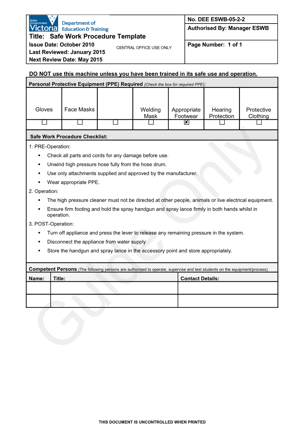 Safe Work Procedure Template - High Pressure Water Cleaner