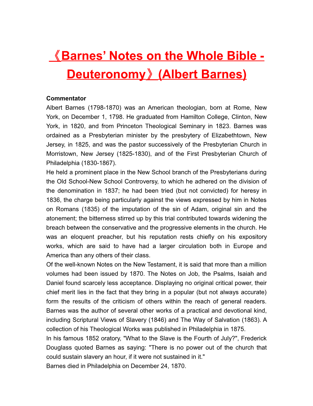 Barnes Notes on the Whole Bible - Deuteronomy (Albert Barnes)