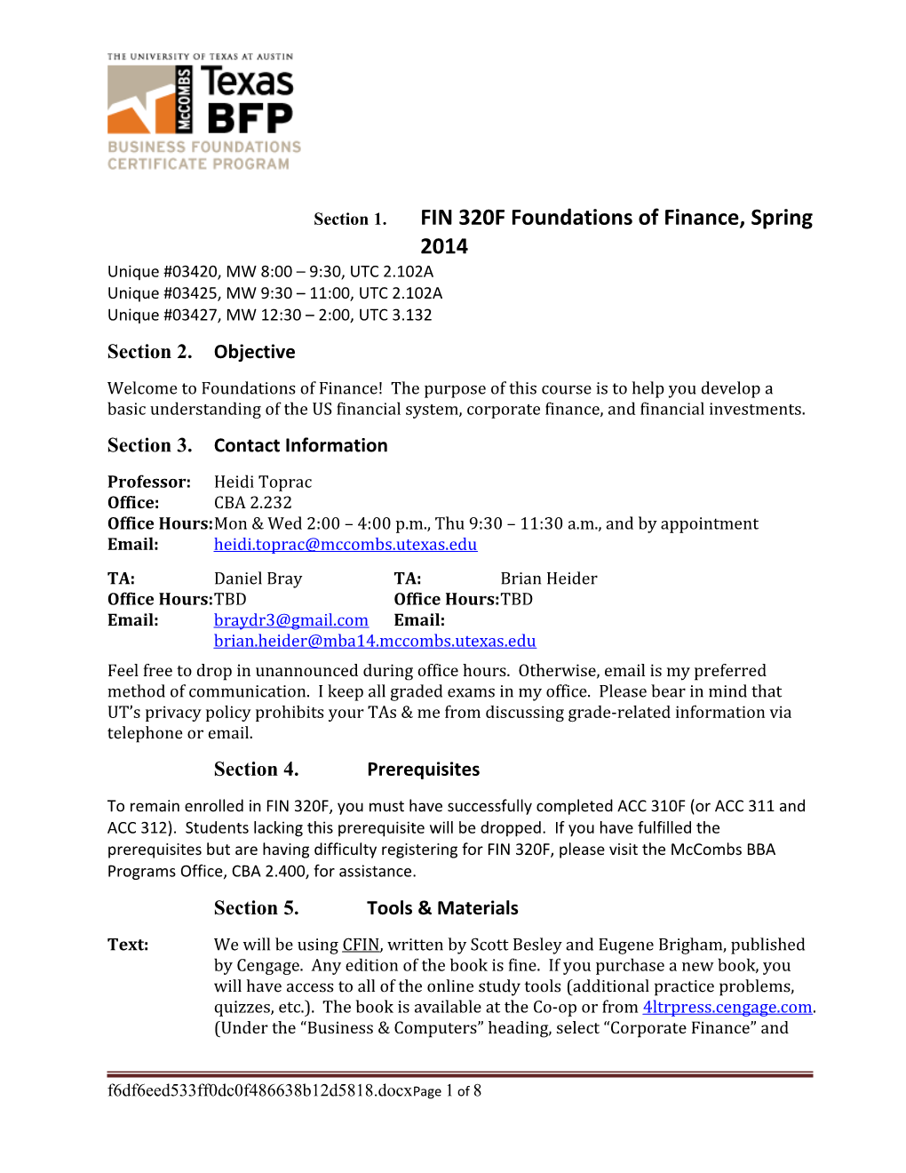 FIN 320F Foundations of Finance Spring 2014 Syllabus