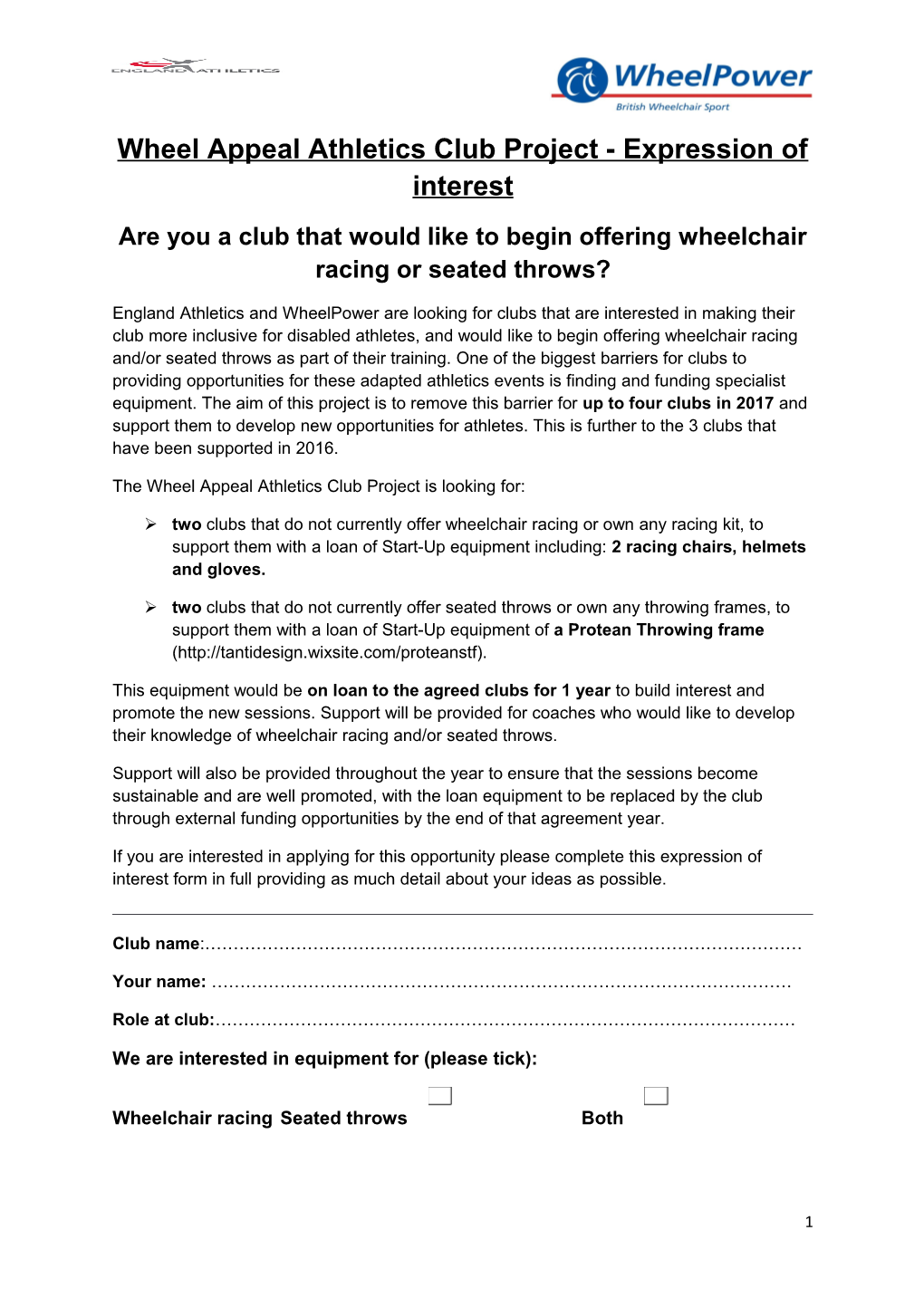 Wheel Appeal Athletics Club Project - Expression of Interest