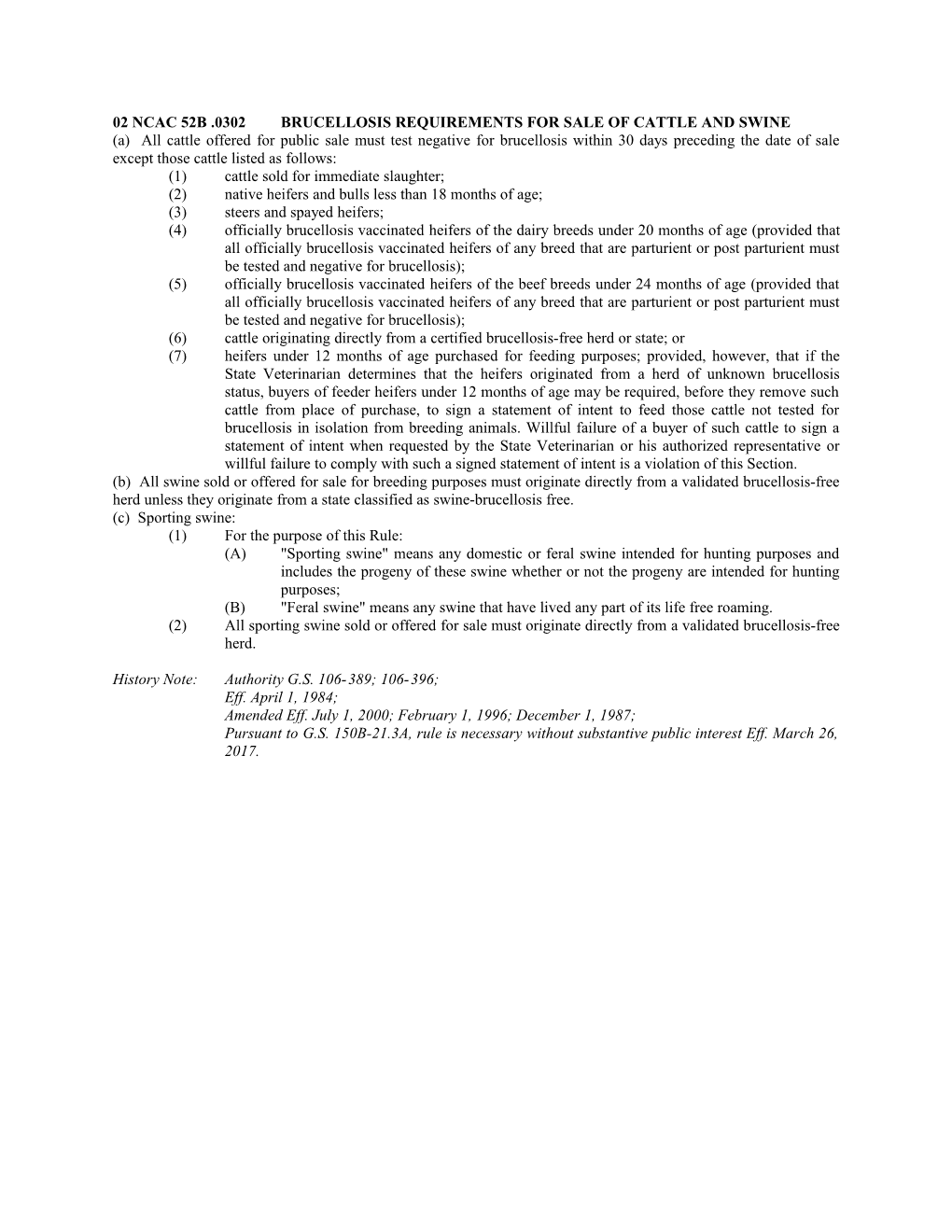 02 Ncac 52B .0302Brucellosis Requirements for Sale of Cattle and Swine