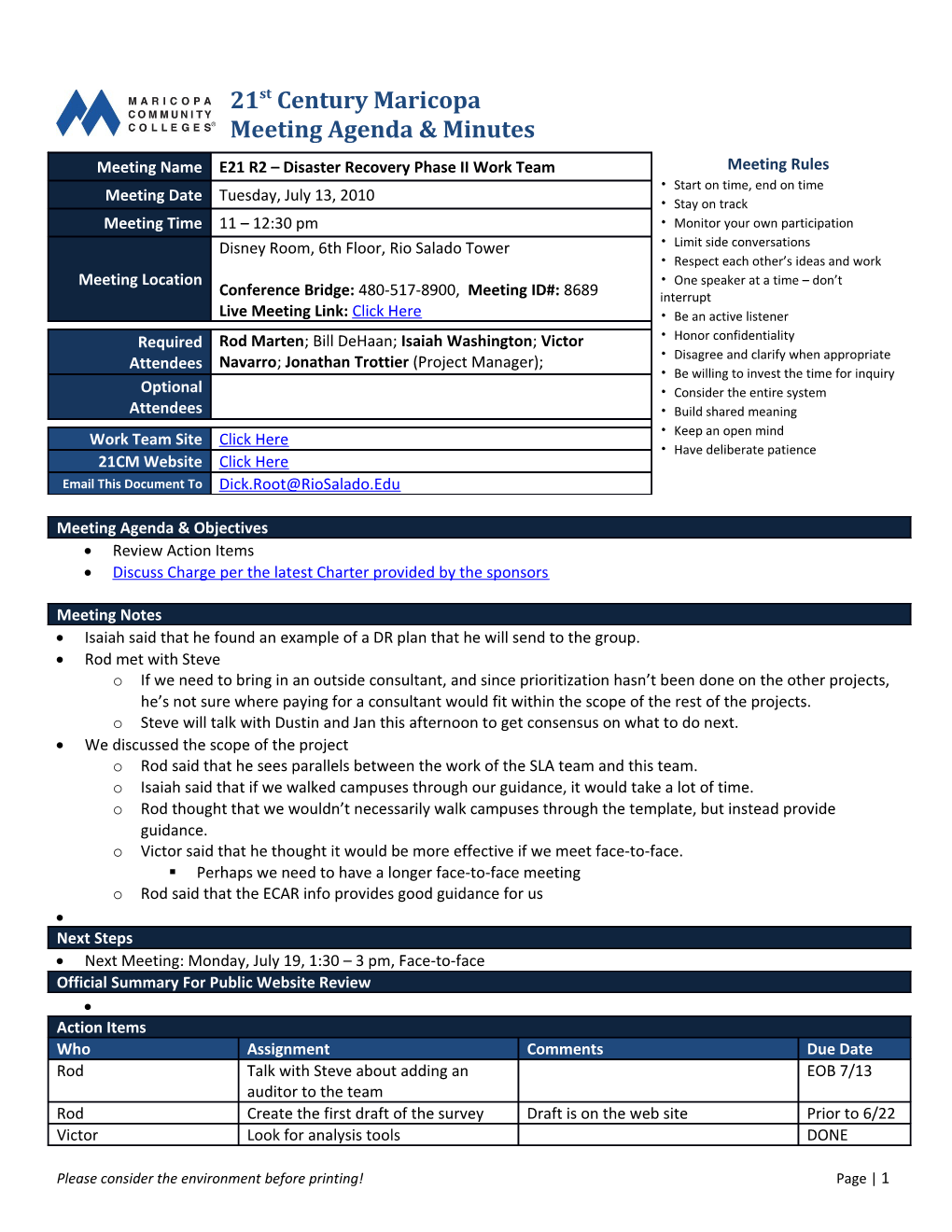 E21 R2 Disaster Recovery Phase II Work Team