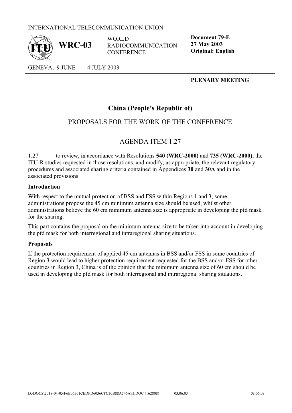 Proposals for the Work of the Conference: Agenda Item 1.27