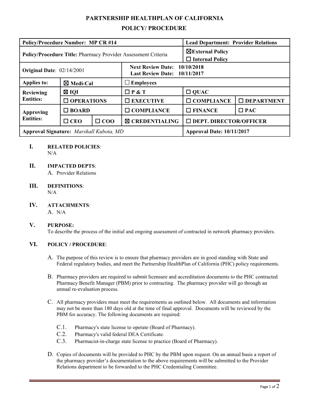 Pharmacy Provider Assessment Criteria