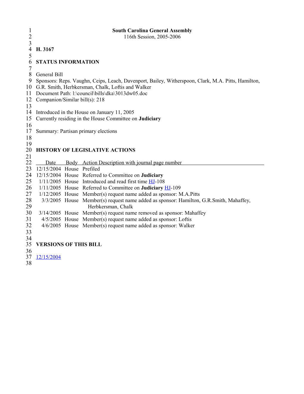 2005-2006 Bill 3167: Partisan Primary Elections - South Carolina Legislature Online