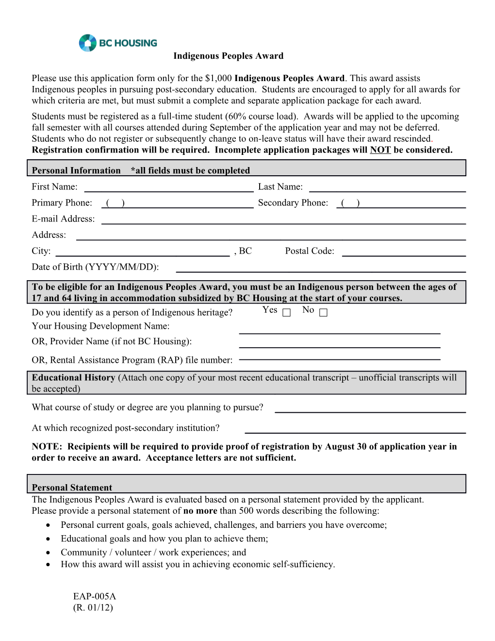 Indigenous Peoples Award Application Form