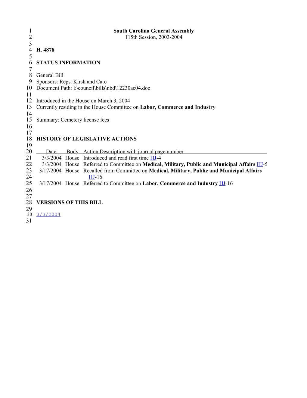 2003-2004 Bill 4878: Cemetery License Fees - South Carolina Legislature Online