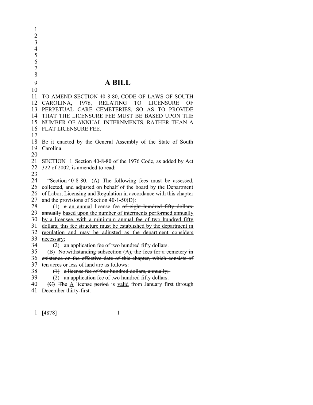 2003-2004 Bill 4878: Cemetery License Fees - South Carolina Legislature Online
