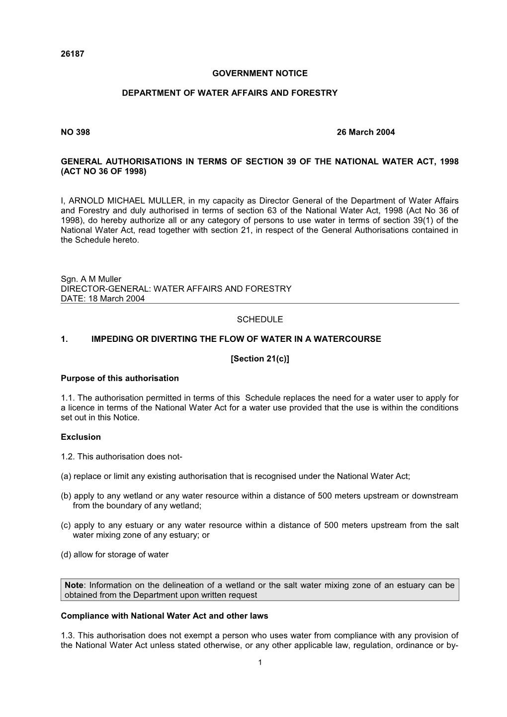 GENERAL AUTHORISATION in RESPECT of SECTION 21(C) of the NATIONAL WATER ACT (ACT 36 OF