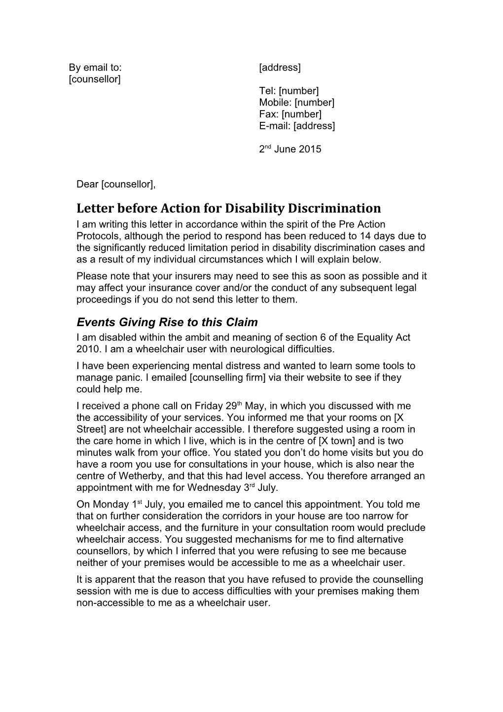 Letter Before Action for Disability Discrimination