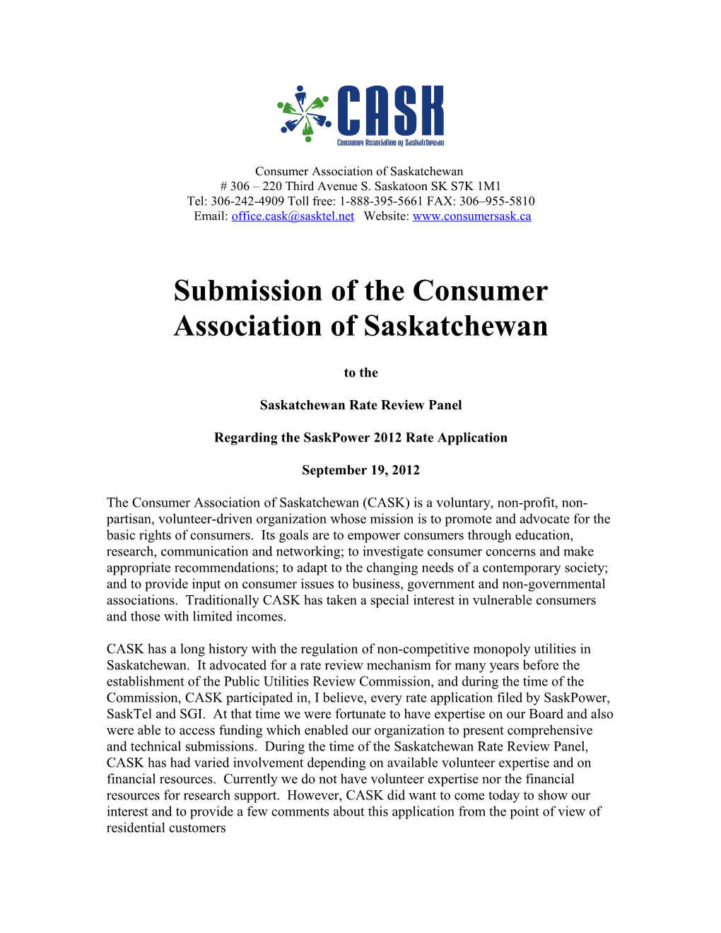 Submission of the Consumers Association of Canada, Saskatchewan Branch