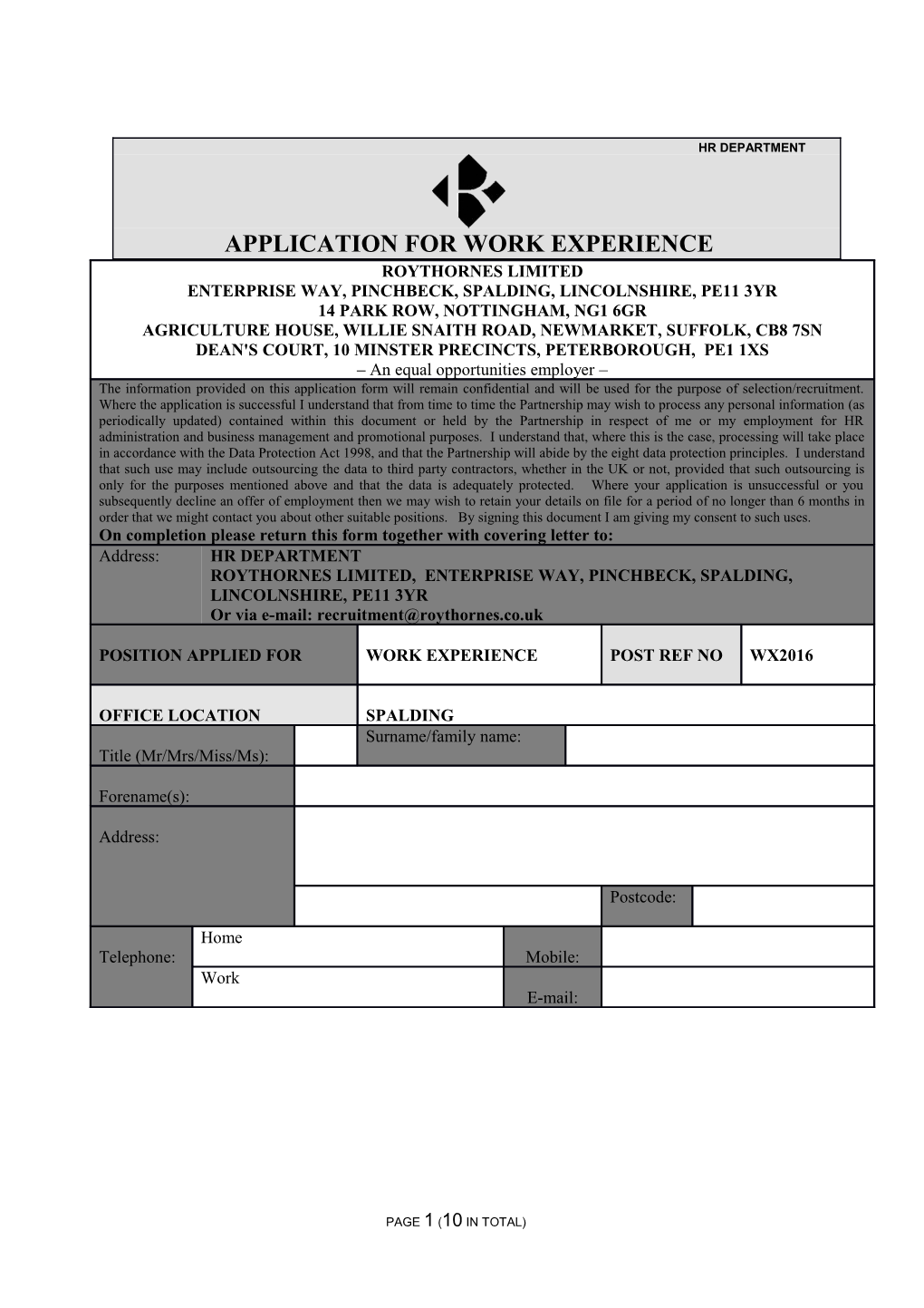 Application for Work Experience