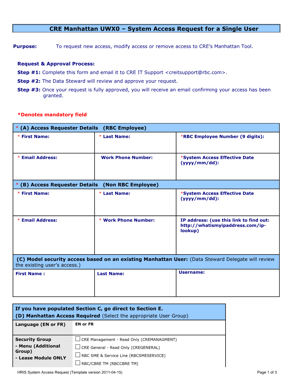 HR Information System (HRIS) System Access Request Form