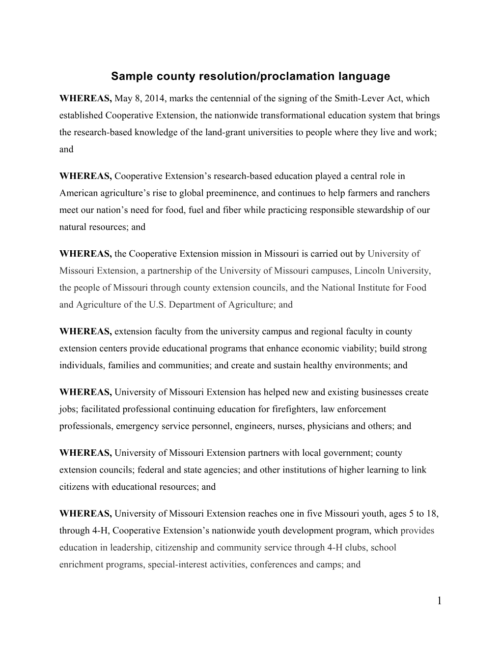 Sample County Resolution/Proclamation Language